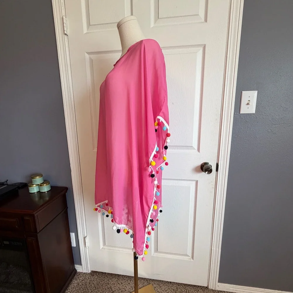 Viv & Lou Pink Chiffon Pom Pom‎ Trim Swim Cover Up Poncho One Size
